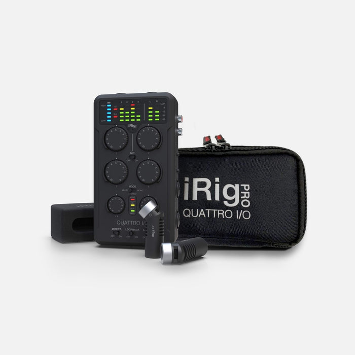 IK Multimedia | iRig Pro Quattro I/O DELUXE | 4-input Pro Field Recording Interface & Mixer |  W/ XY Mics & Accessory Bundle